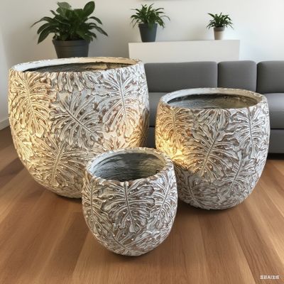 Купить Дизайн узора с листом монстеры, серый круглый горшок из стеклофибробетона, проект ландшафтного дизайна для крыш online manufacture